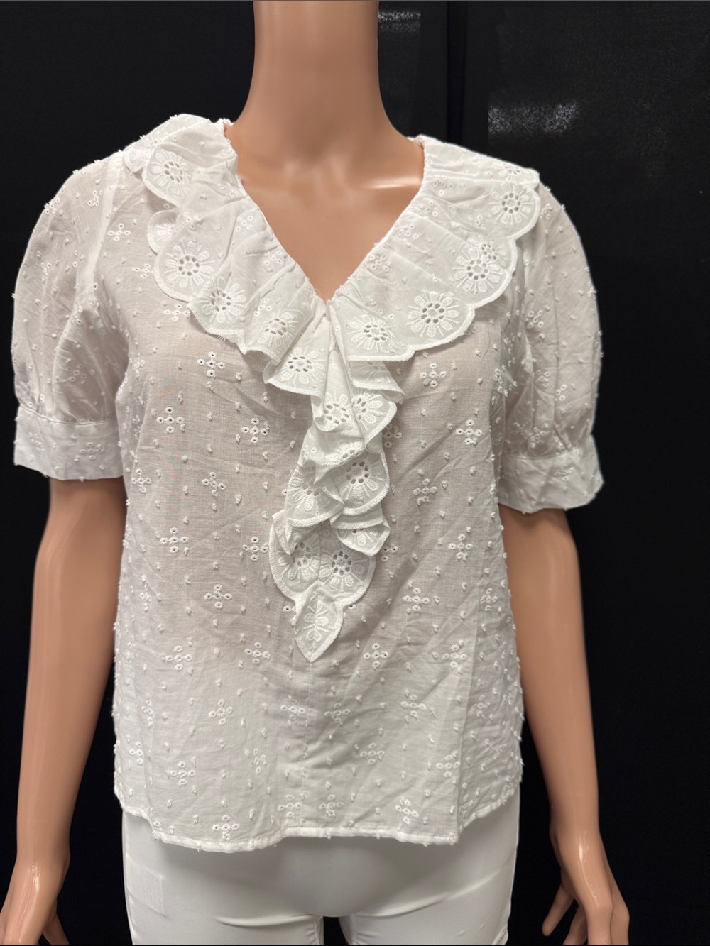 Women's White Eyelet Ruffle V-Neck Blouse